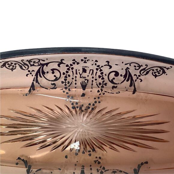 Pink Depression Oval Glass Plate Silver Scroll Overlay Pink 12" Vintage - Picture 5 of 12